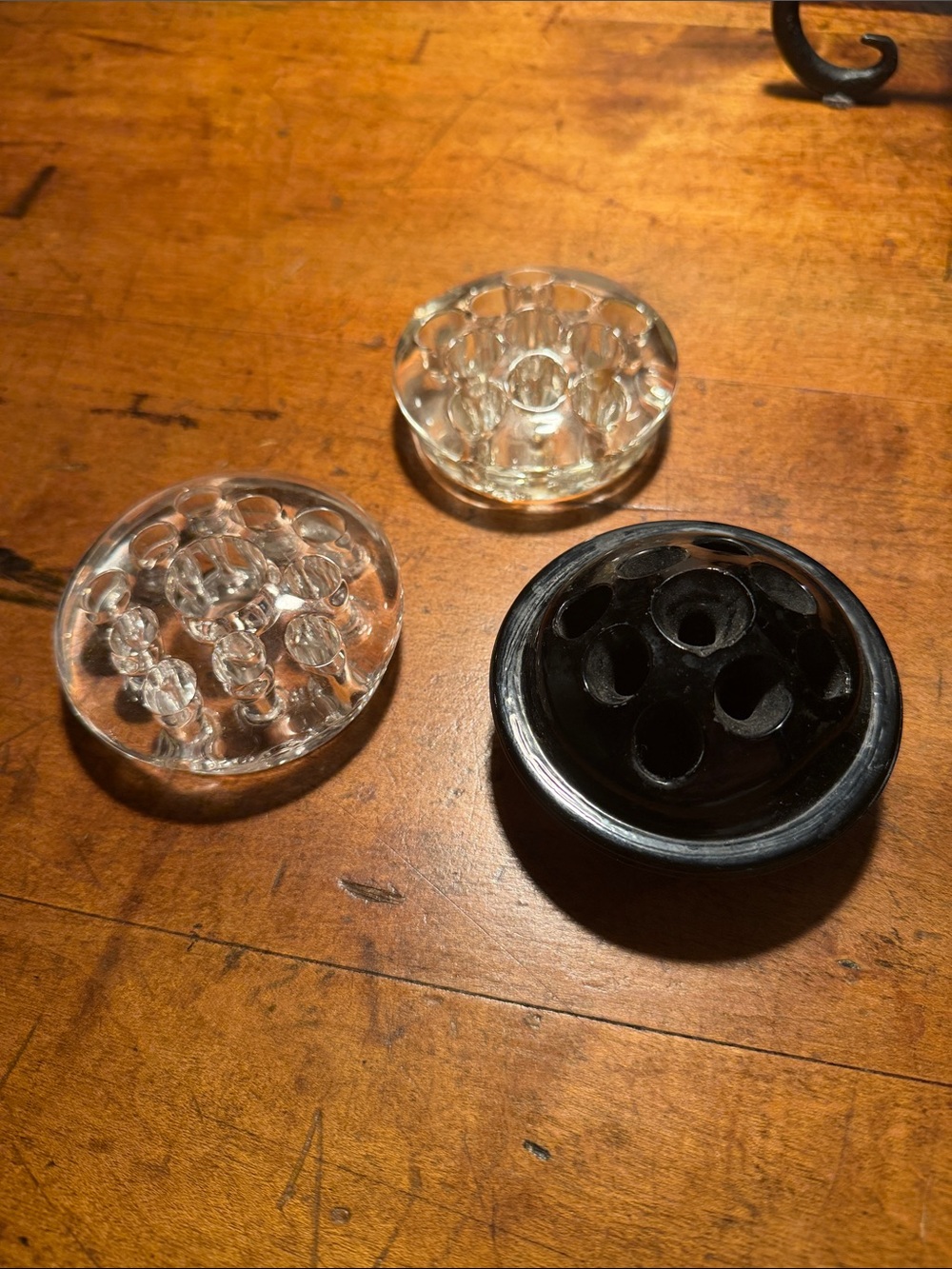 Set of 3 Round Flower Frog Flower Frogs - Clear & Black Glass